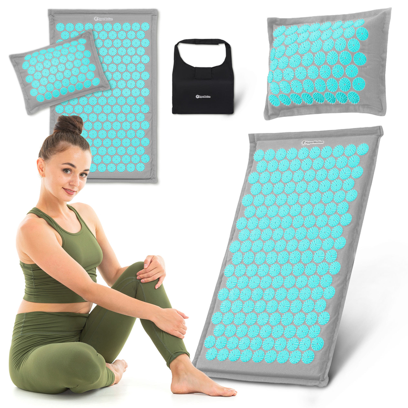 Öko vászon akupresszúrás szőnyeg kókuszrosttal és hajdinapárnával – 68 cm HyperMotion szürke-menta