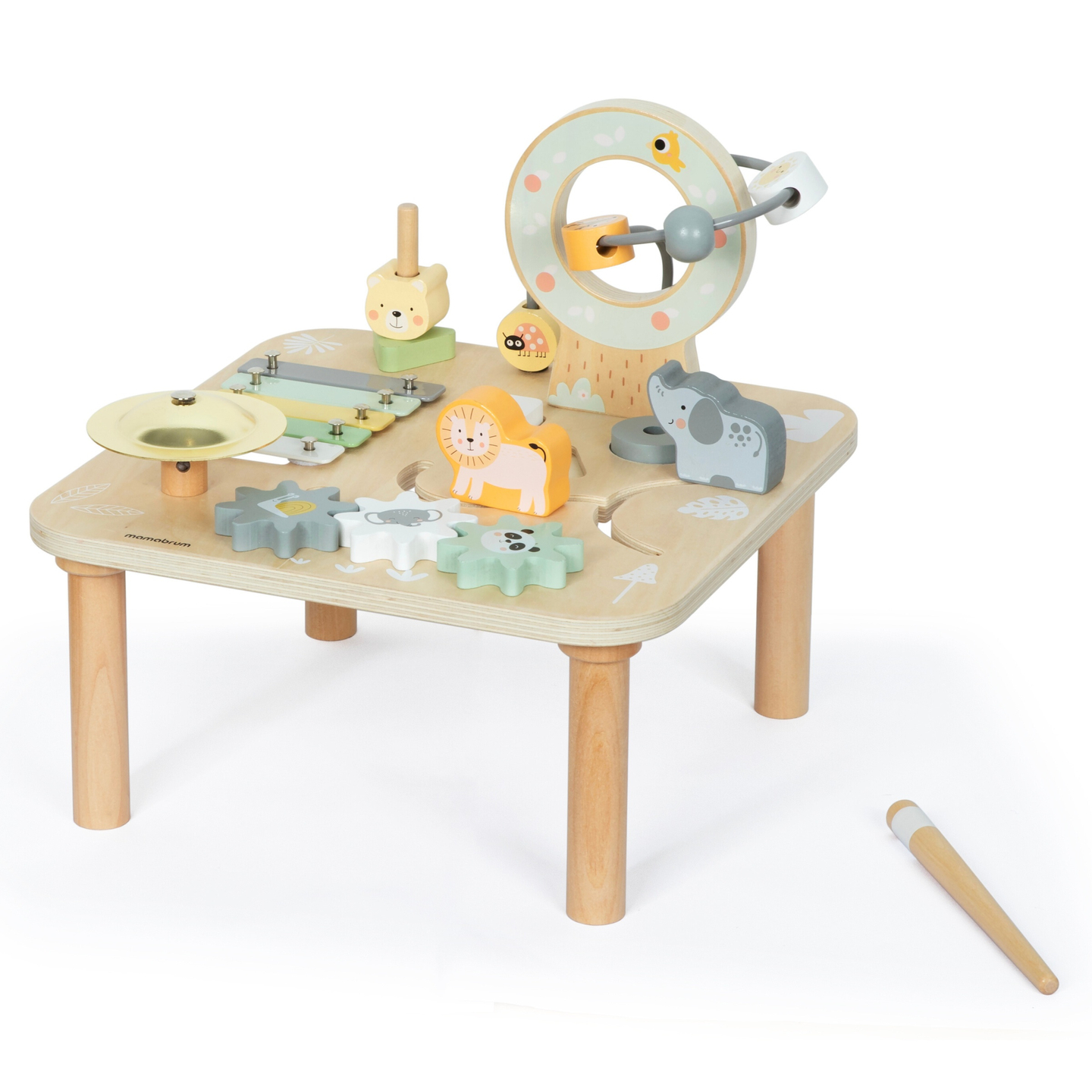 Fából készült oktatási 7 az 1-ben zenei asztal cintányérokkal és gonggal - vad dzsungel