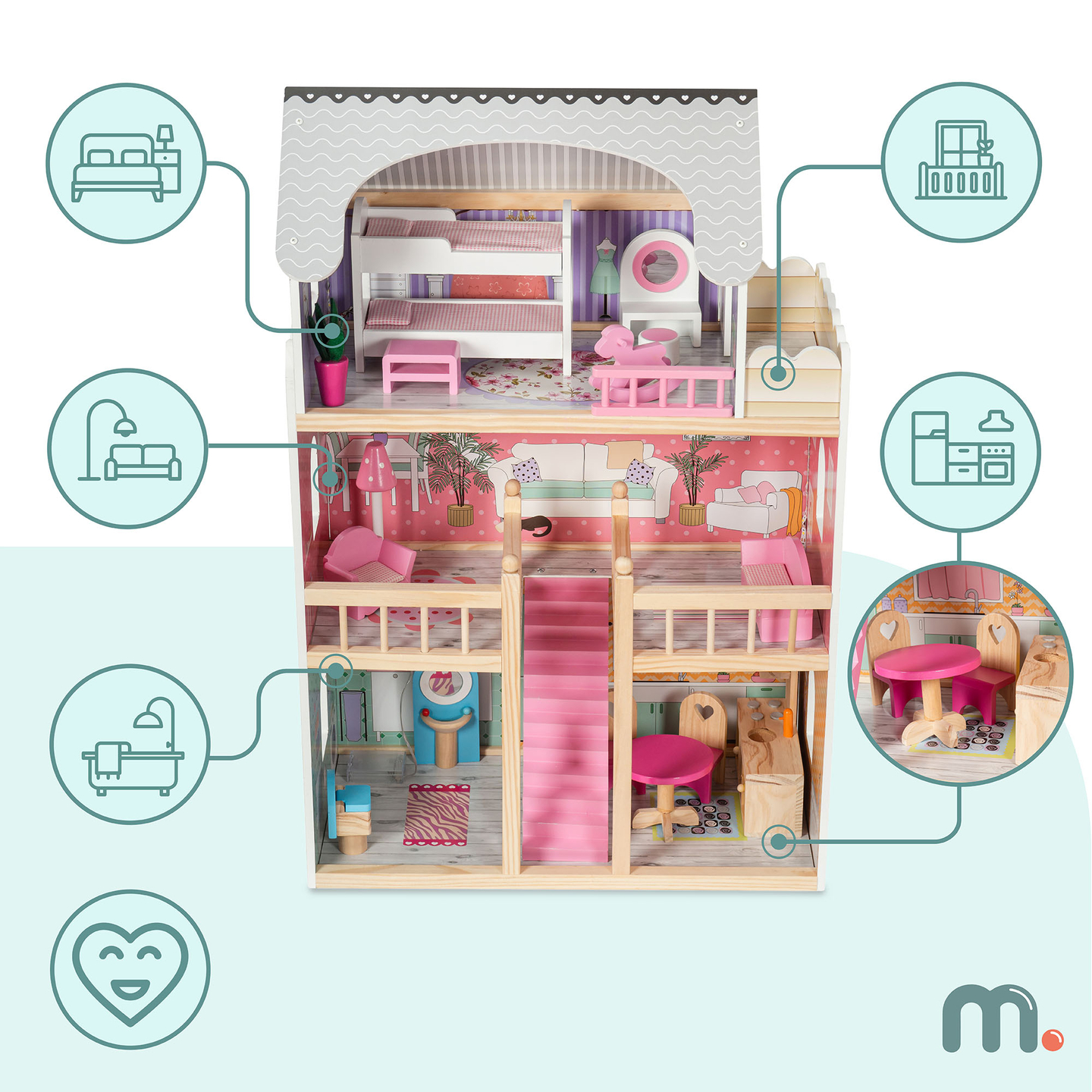 Nagyméretű, 3 szintes, fából készült babaház terasszal, bútorszettel és LED világítással!