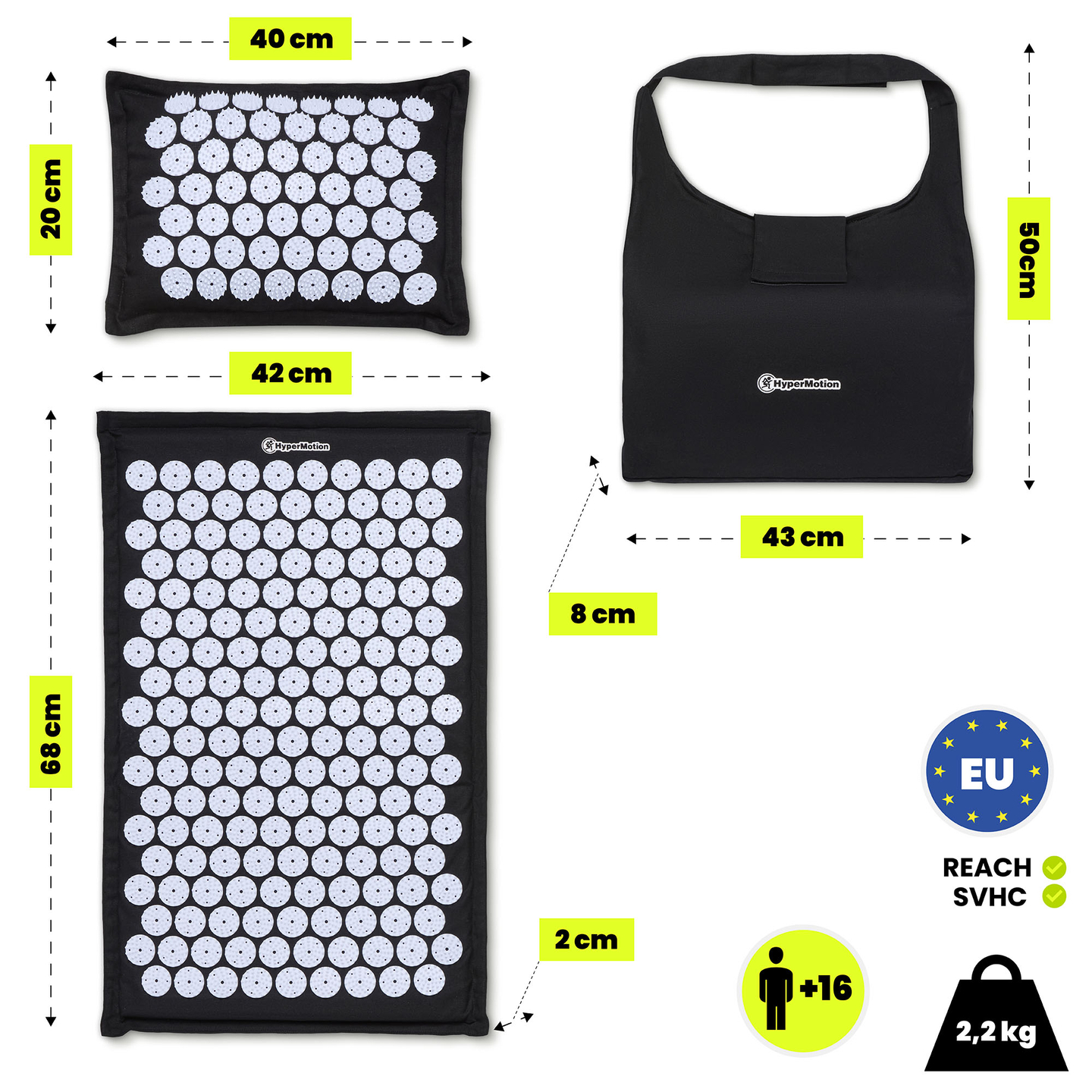 Öko vászon akupresszúrás szőnyeg kókuszrosttal és hajdinapárnával – 68 cm HyperMotion fekete-fehér