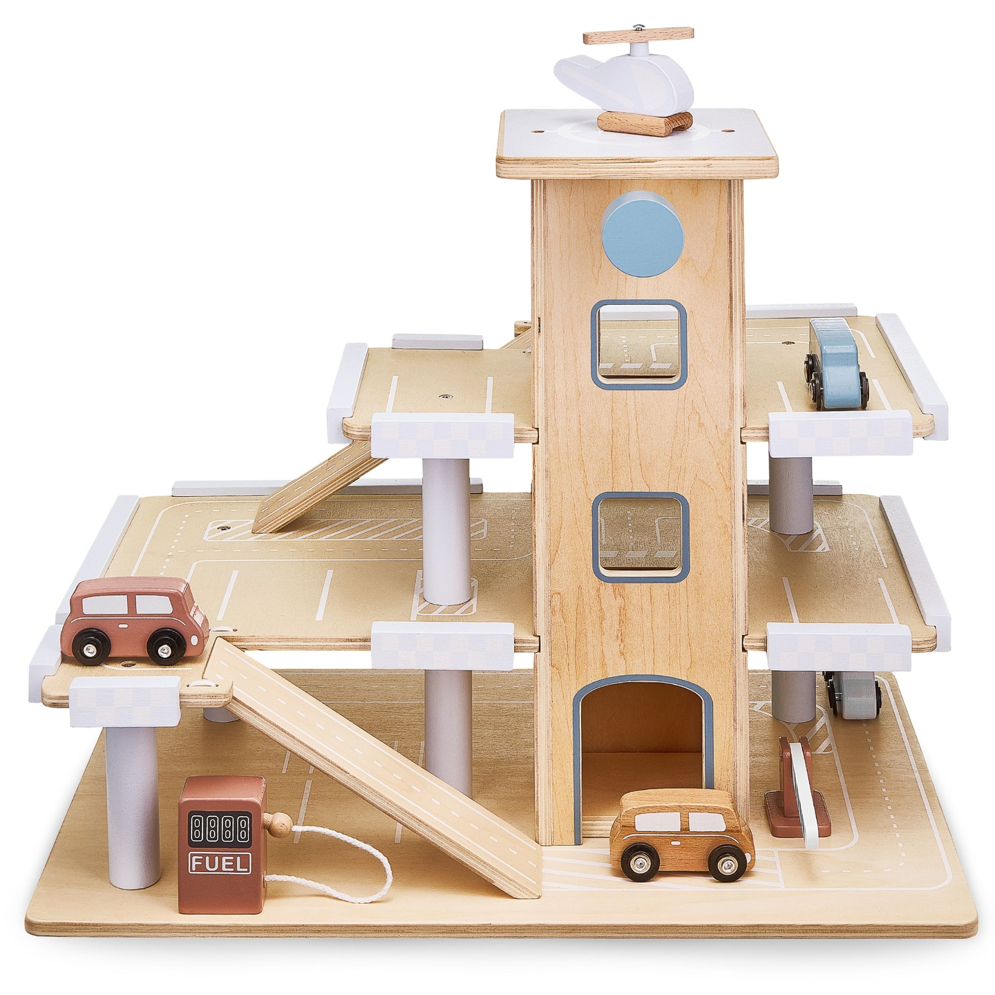 Háromszintes, fából készült parkoló lifttel - garázs autókkal és helikopterrel