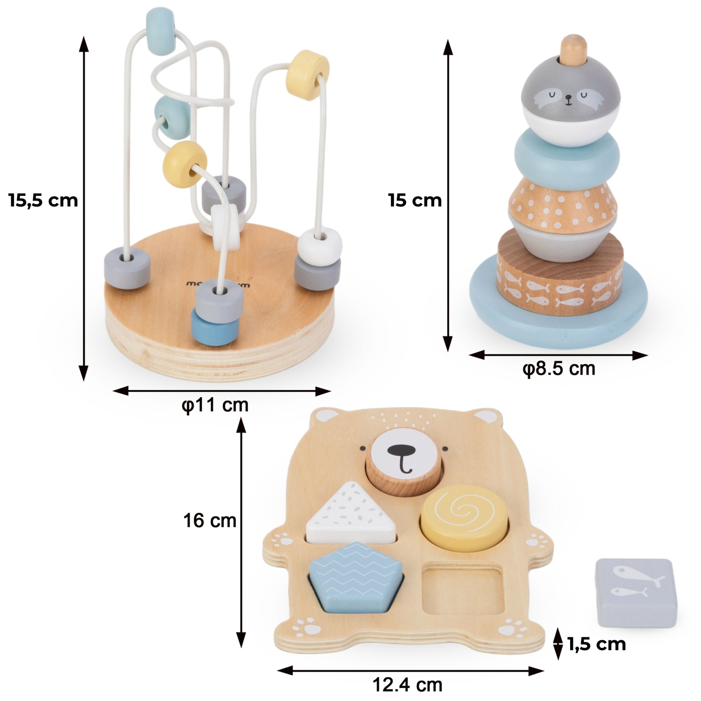 Fából készült játékkészlet - színes összefonódás, pecsétpiramis, mackó szortírozó