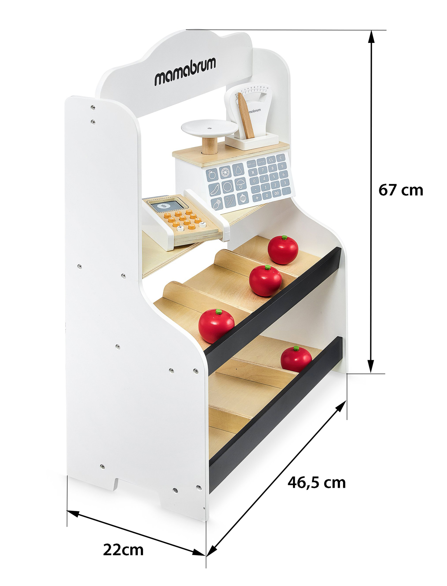 Mini market - bolt mérleggel, terminállal, fizetési kártyával és gyümölcsökkel