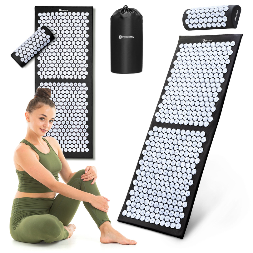 Nagy akupresszúrás szőnyeg párnával és huzattal - 130 cm HyperMotion fekete-fehér
