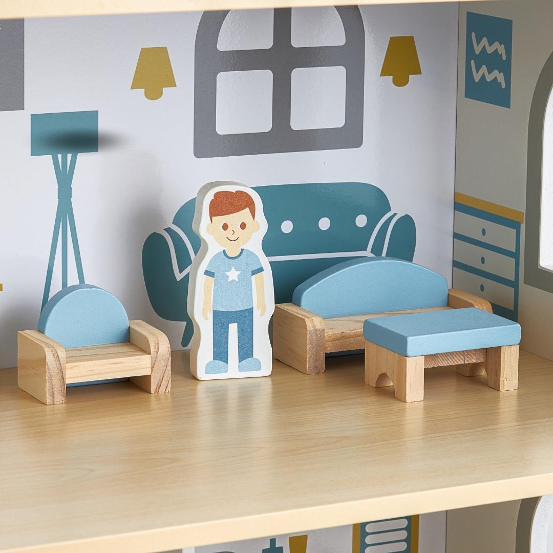 Fehér fából készült babaház terasszal és kiegészítőkkel