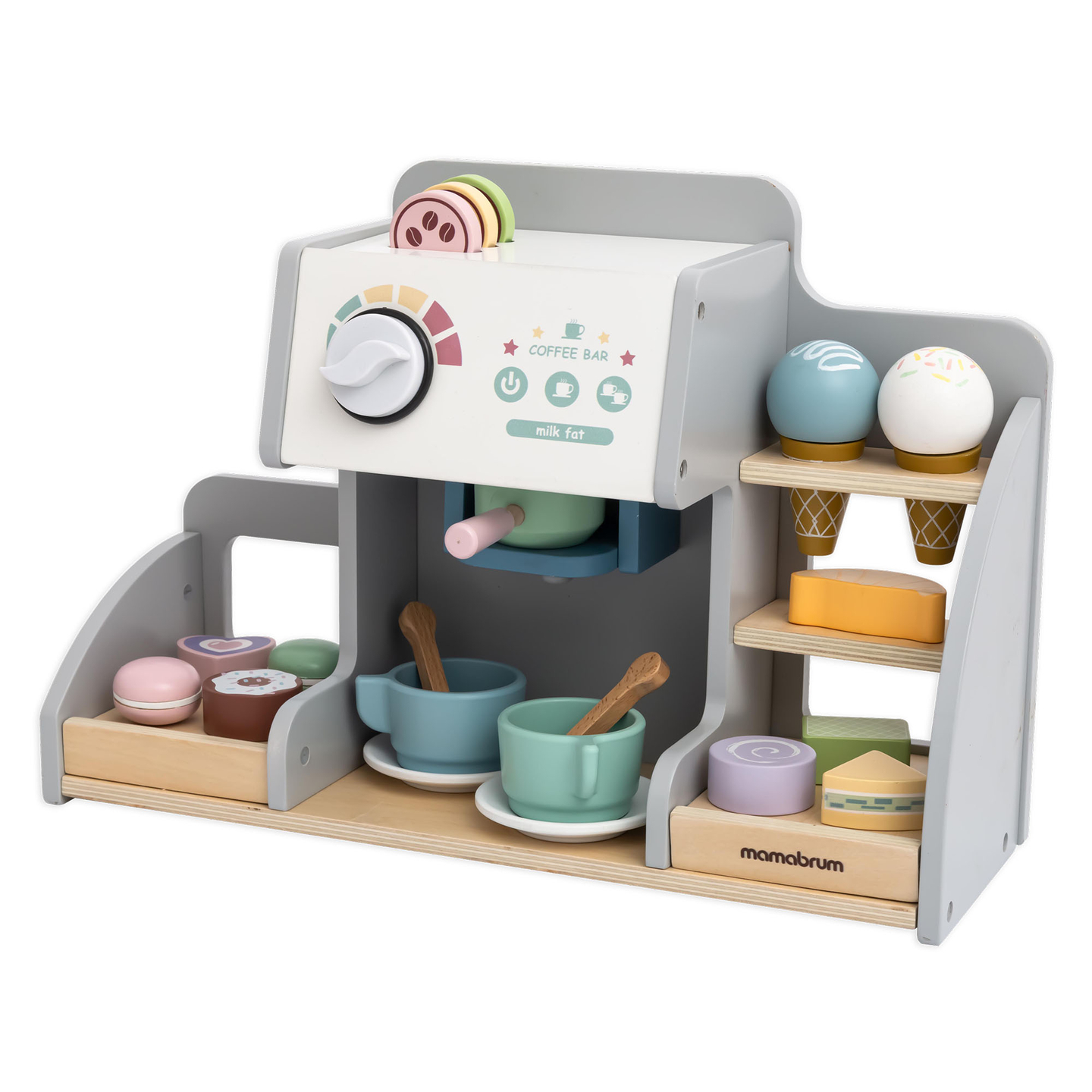 Nagyméretű, fából készült fagylaltozó mágneses táblával, kávéfőzővel, fagylalt- és desszertkészlettel - több mint 70 darab!