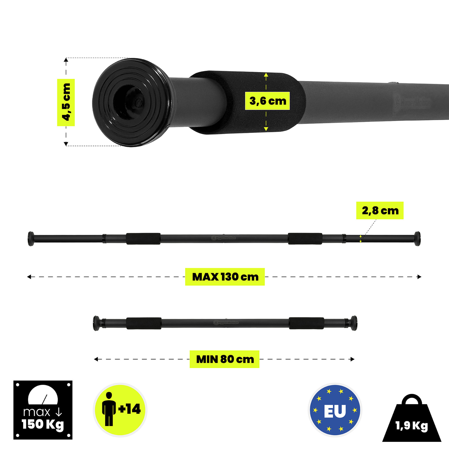 HyperMotion állítható húzódzkodó rúd 80-130 cm, 150 kg, fekete