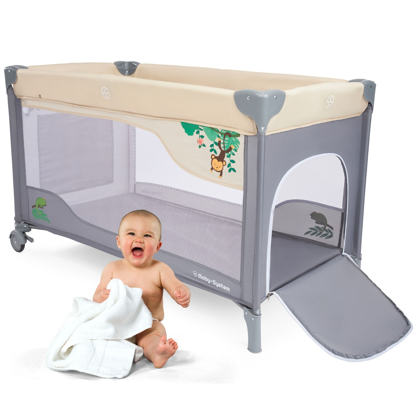 Utazóágy 0 - 36 m pelenkázóasztallal + Moby-System HUXLEY járóka