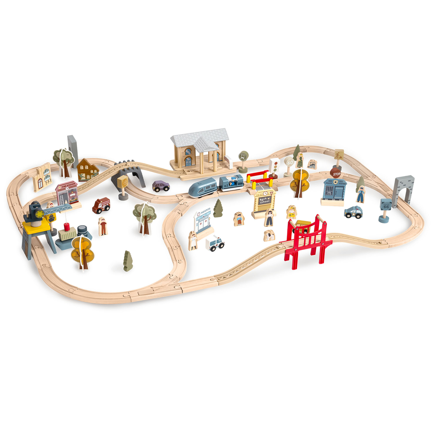 Fából készült városi vasút elektromos vonattal - mozgó daru, hajó, hidak