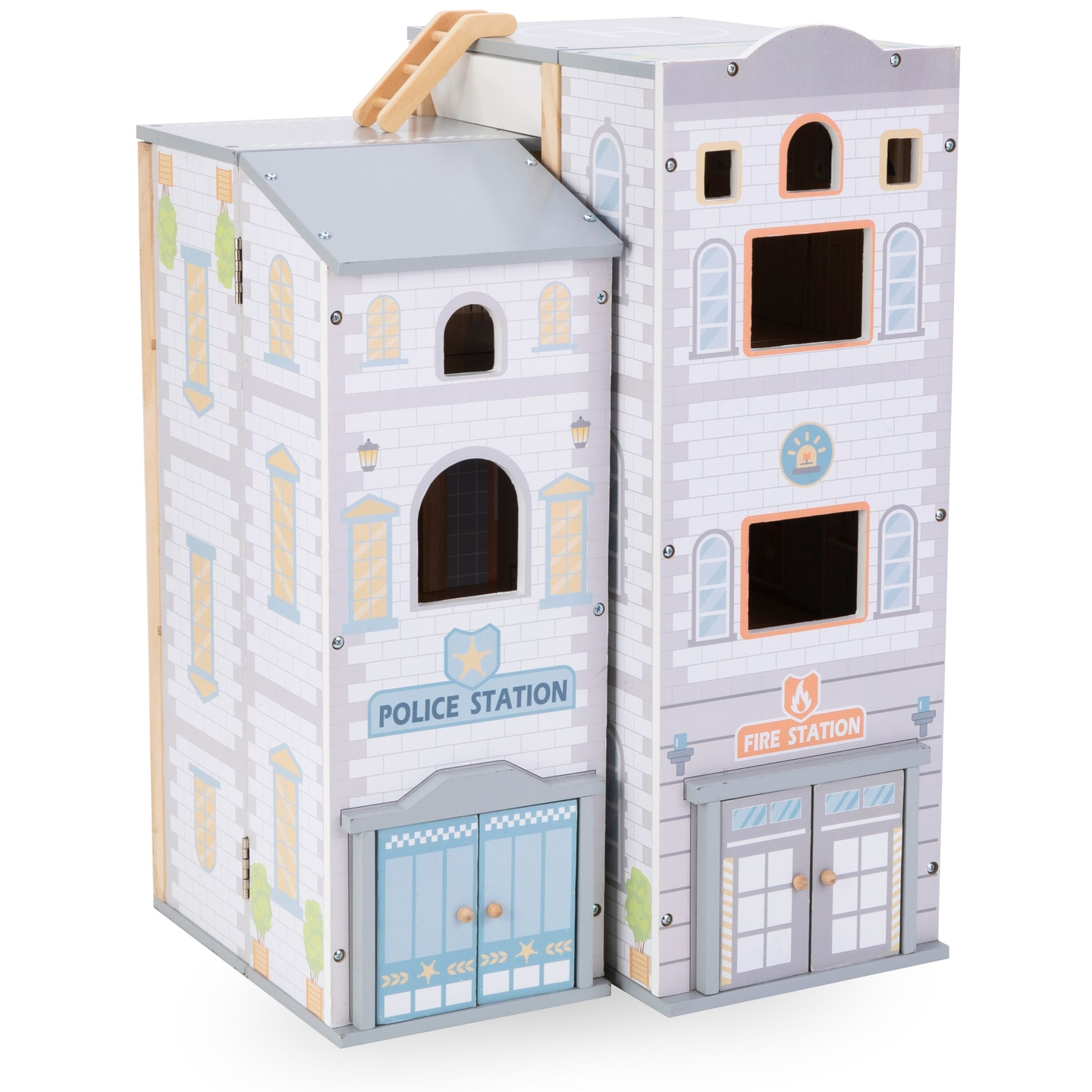 Nagy összecsukható tűzoltóállomás rendőrőrssel - fából készült készlet. Tűzoltóállomás és rendőrőrs tartozékokkal.