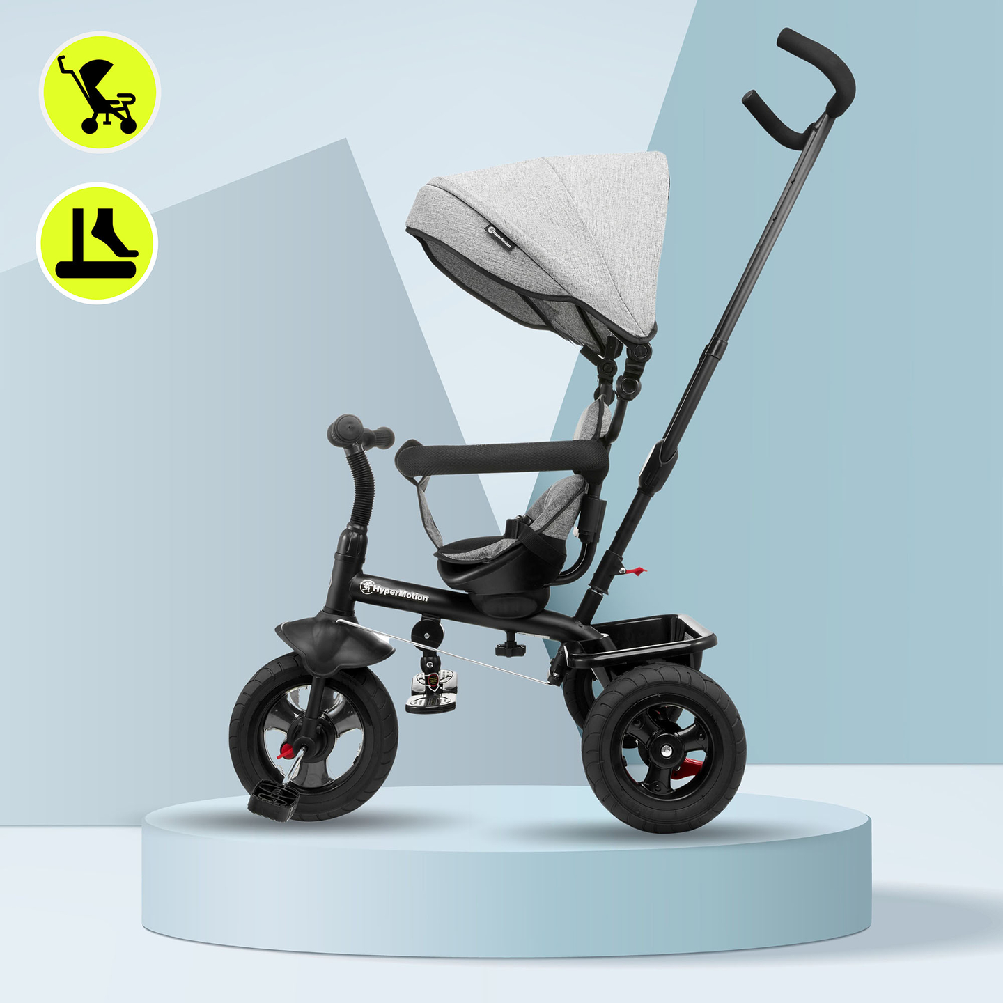 Háromkerekű gyerekeknek 1-4 éves korig - TOBI FREY - szürke színű - forgatható - pumpás kerekek + tolóerő