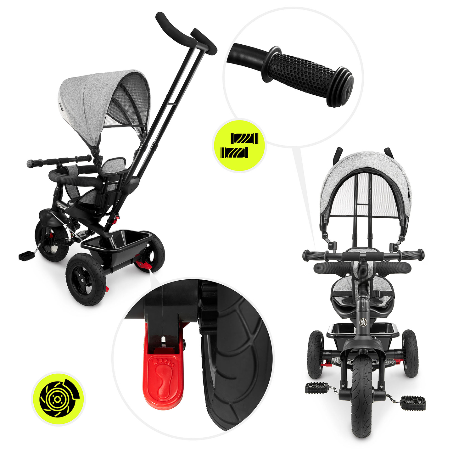 Háromkerekű gyerekeknek 1-4 éves korig - TOBI FREY - szürke színű - forgatható - pumpás kerekek + tolóerő