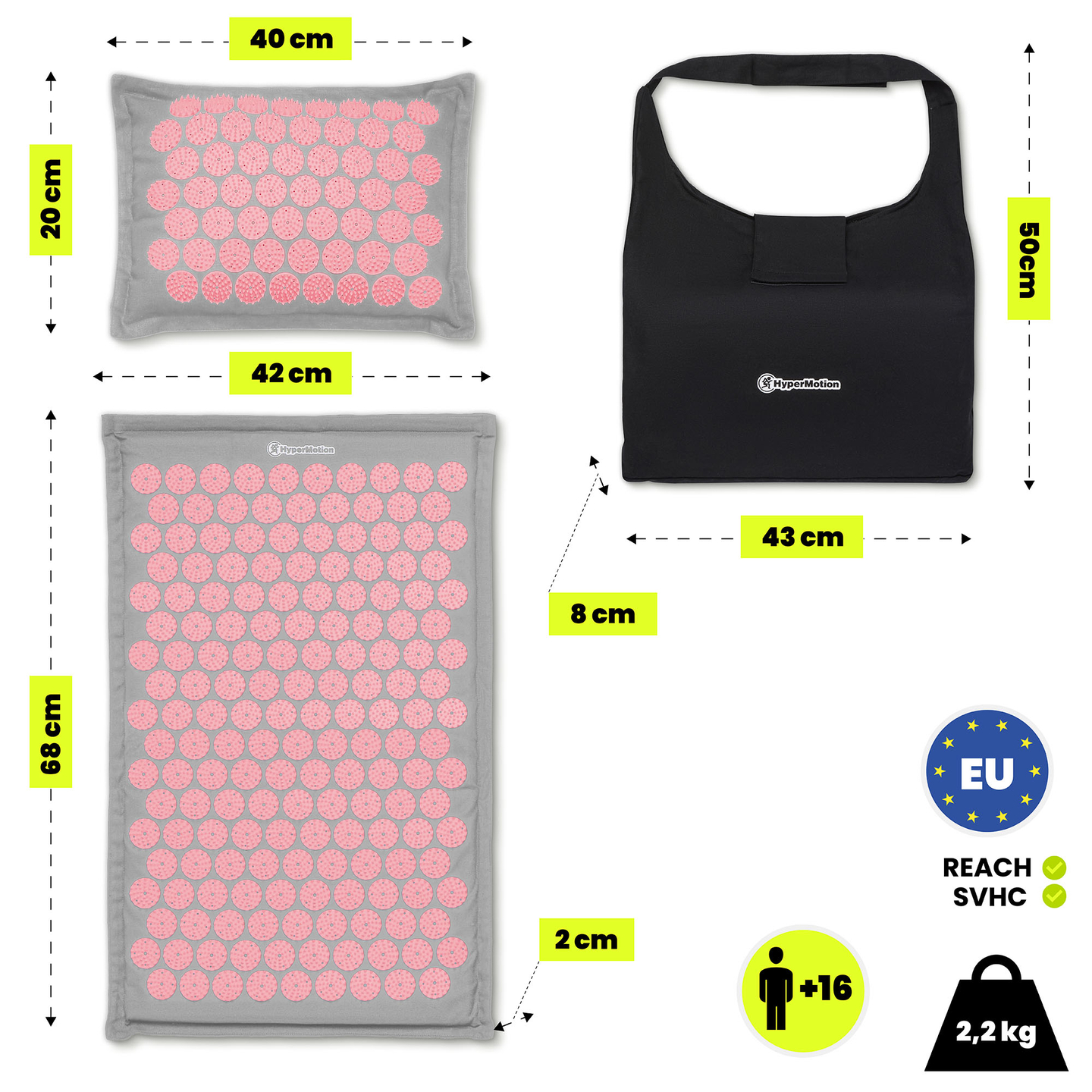 Öko vászon akupresszúrás szőnyeg kókuszrosttal és hajdinapárnával – 68 cm HyperMotion szürke és rózsaszín