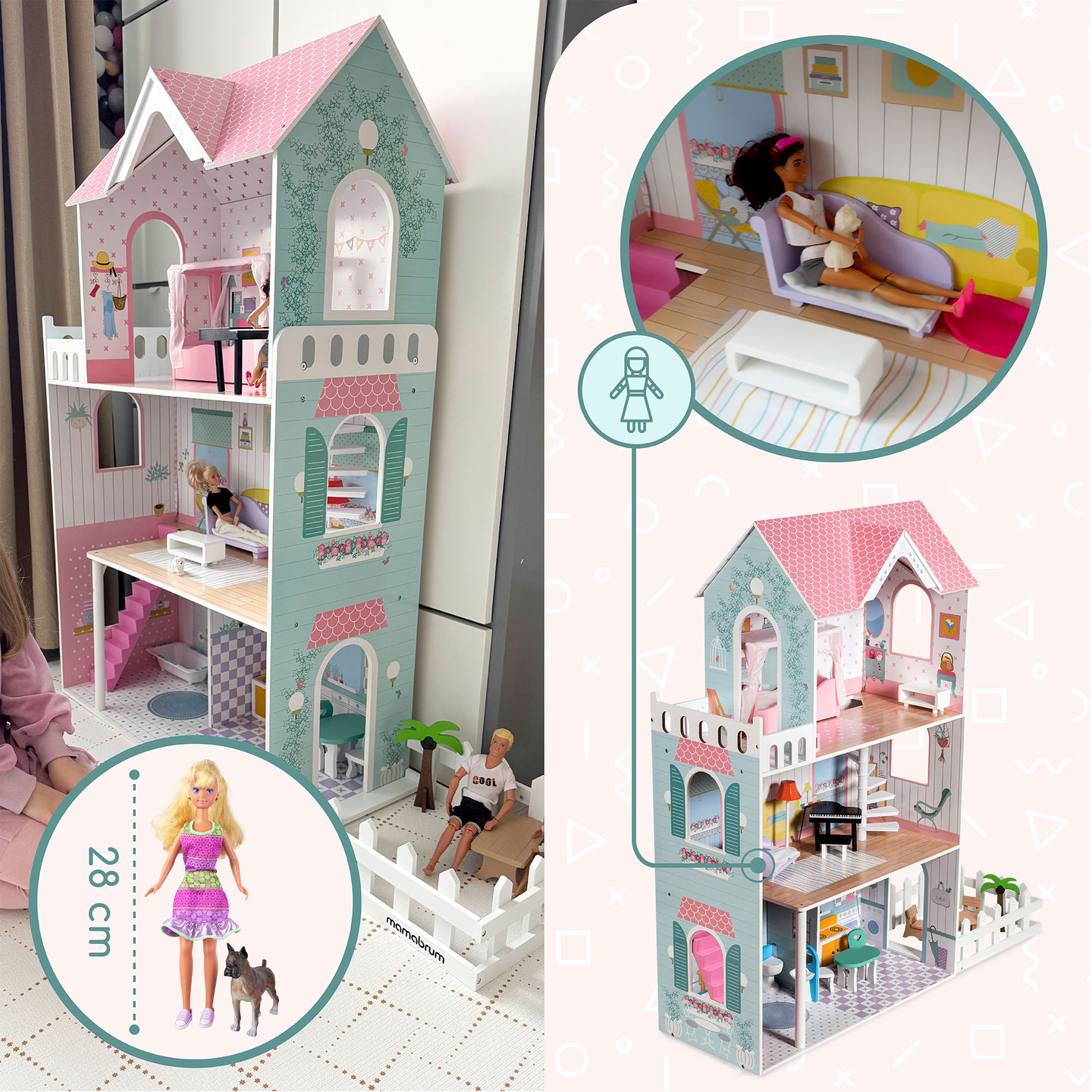 XXL Legnagyobb fából készült babaház - 123 cm - LED világítással - terasz, kiegészítők, kert