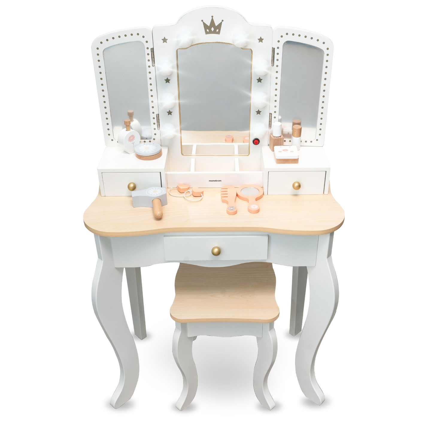 XXL fából készült öltözőasztal székkel és LED világítással gyerekeknek + tartozékok