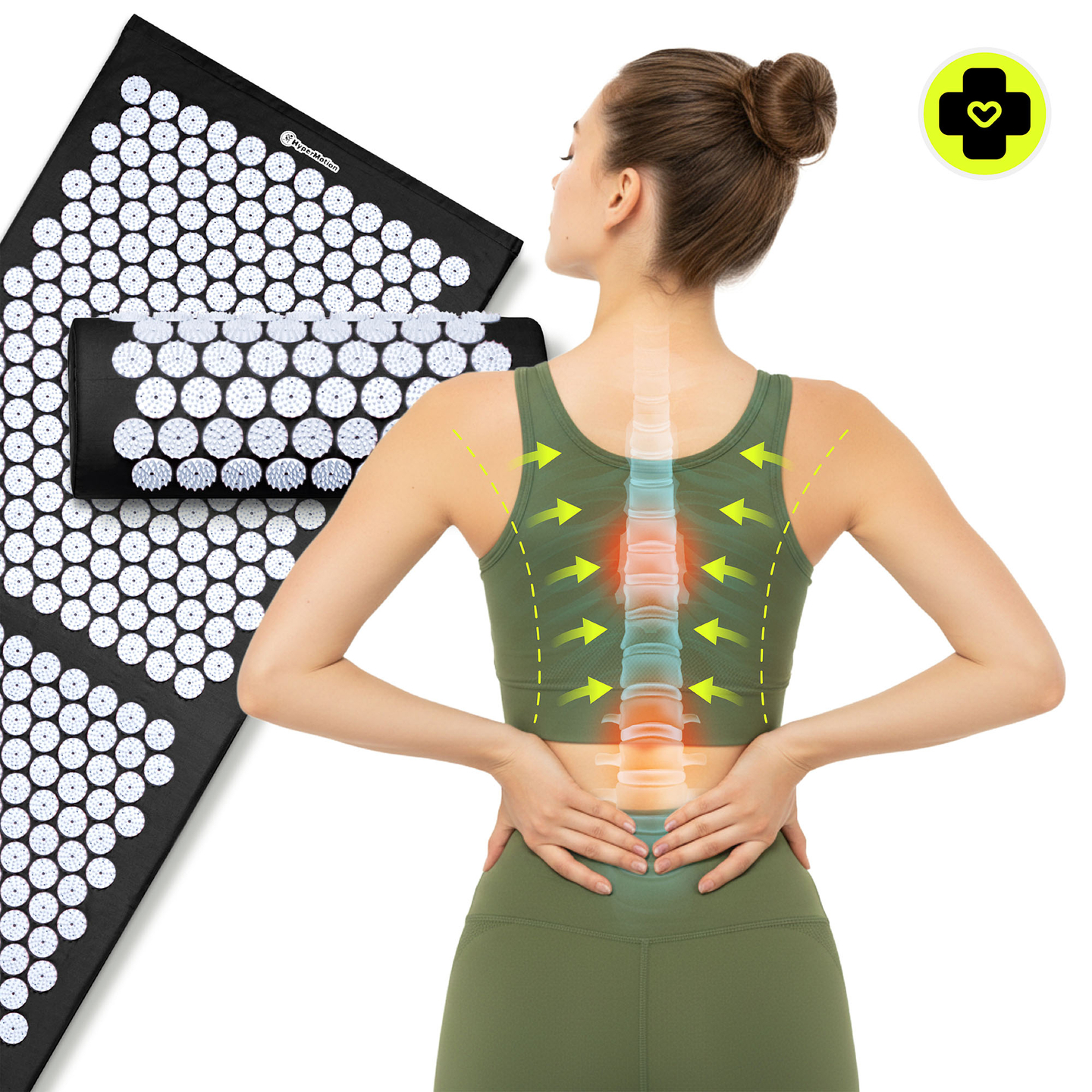 Nagy akupresszúrás szőnyeg párnával és huzattal - 130 cm HyperMotion fekete-fehér