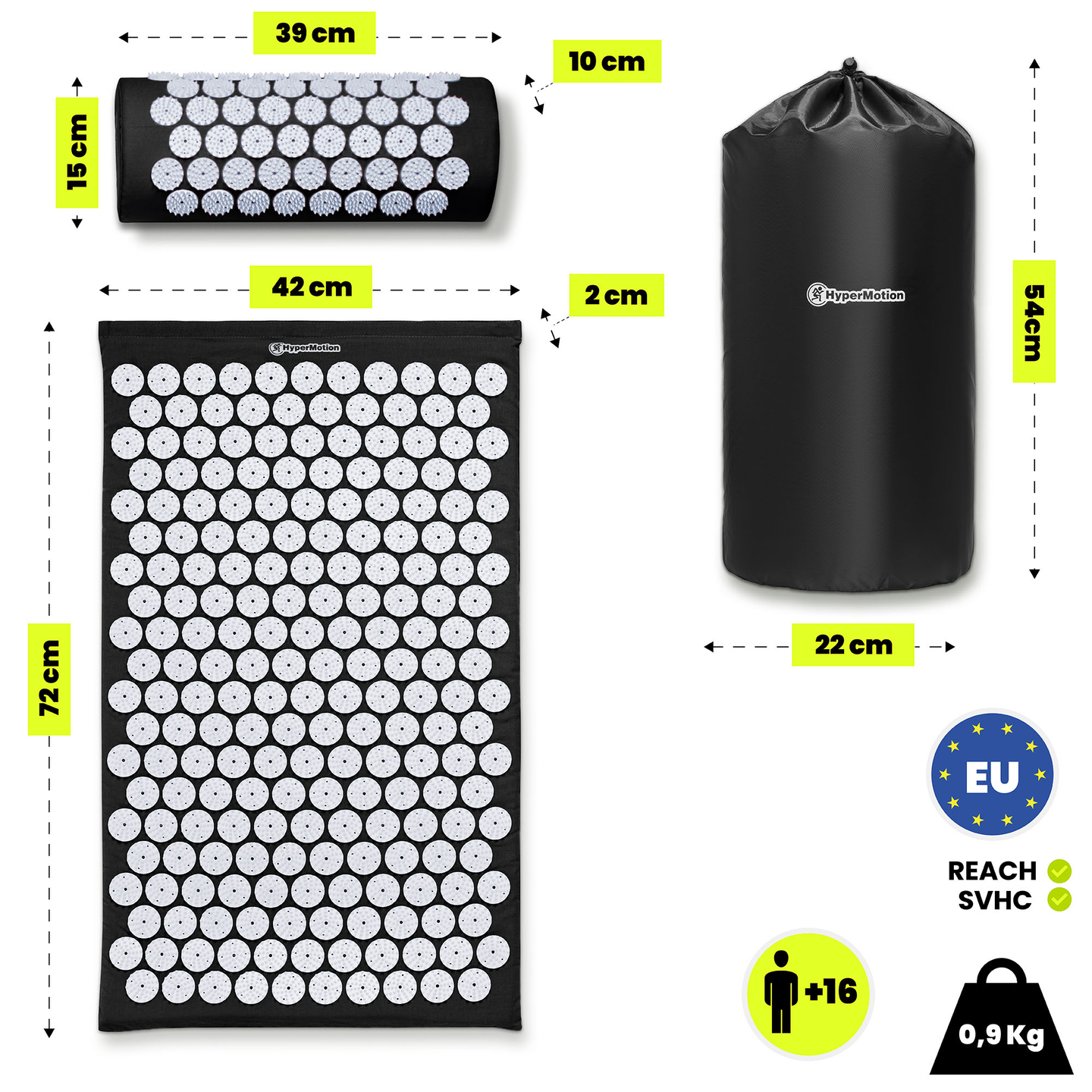 Akupresszúrás szőnyeg párnával és huzattal - 72 cm HyperMotion fekete-fehér