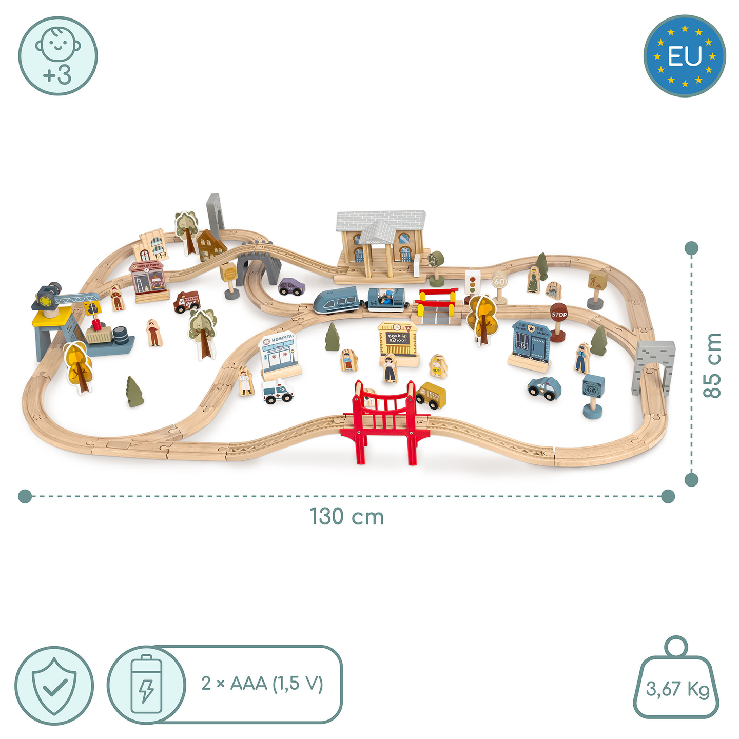 Fából készült városi vasút elektromos vonattal - mozgó daru, hajó, hidak