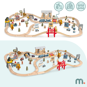 Fából készült városi vasút elektromos vonattal - mozgó daru, hajó, hidak