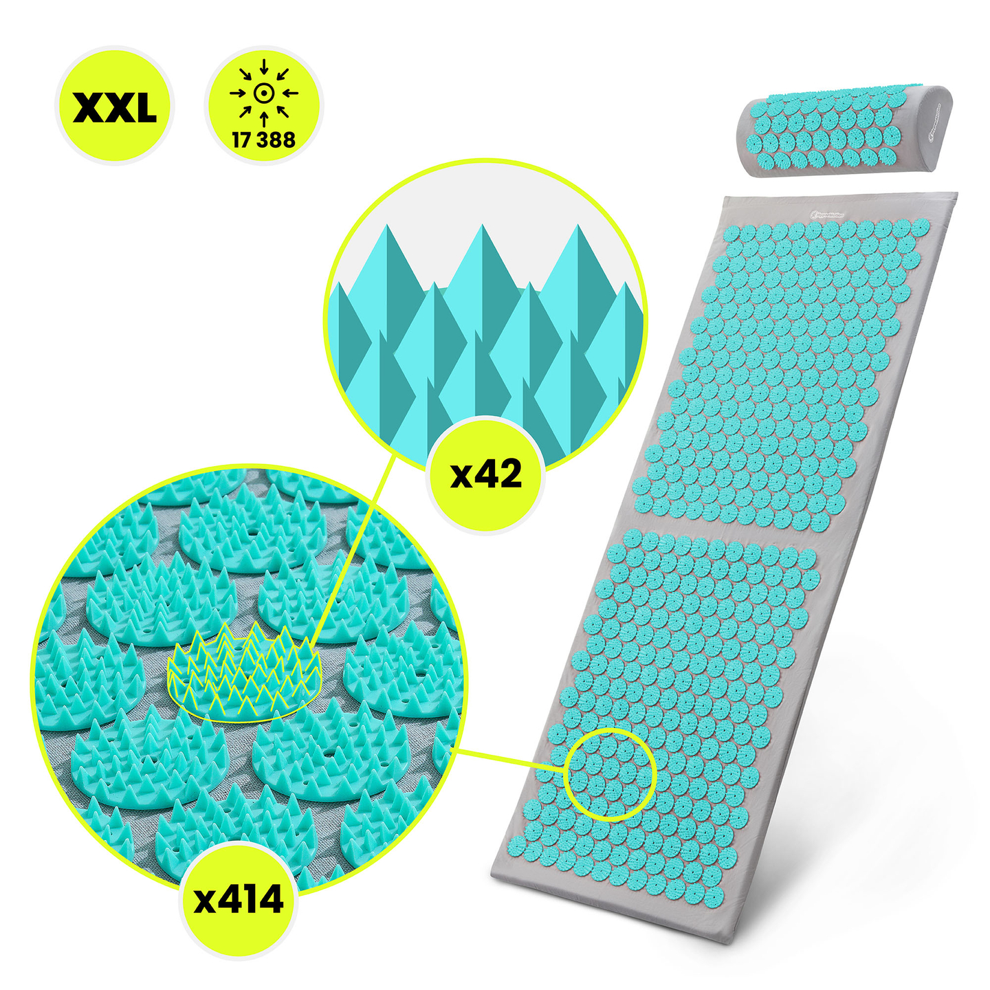 Nagy akupresszúrás szőnyeg párnával és huzattal - 130 cm HyperMotion szürke-menta