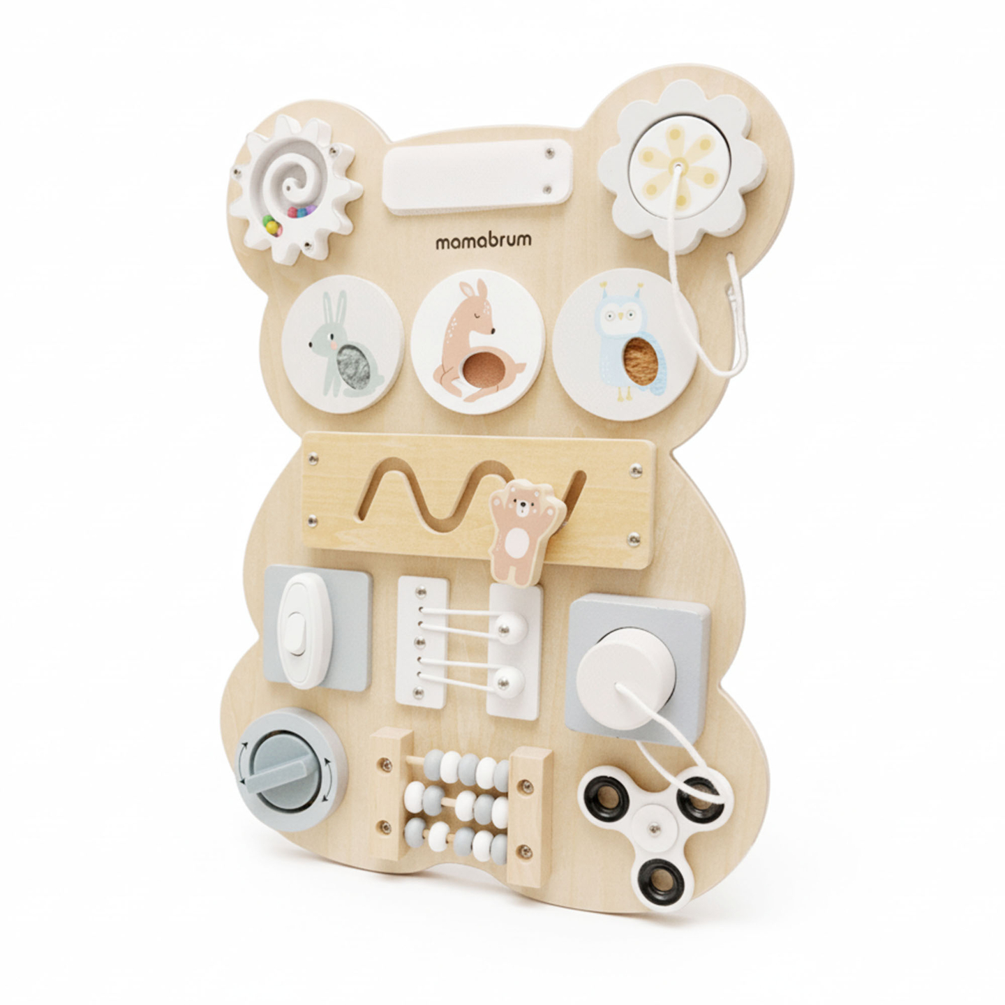 Montessori fa plüssmackó manipulatív tábla - szenzoros önállóság tanulás: tépőzár, dugó, labirintus, kattintógomb