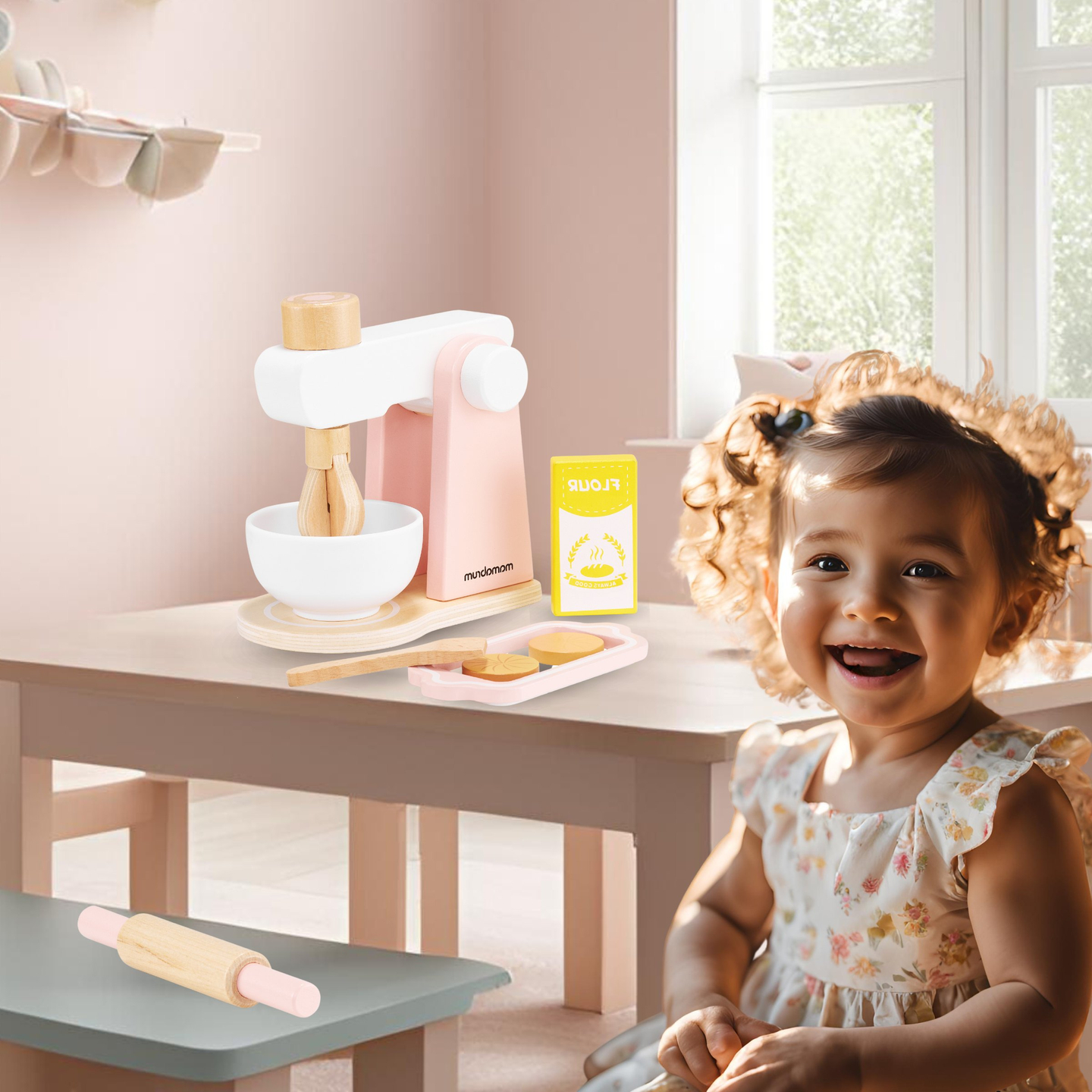 Fából készült tésztakeverő, tartozékokkal, gyerekeknek