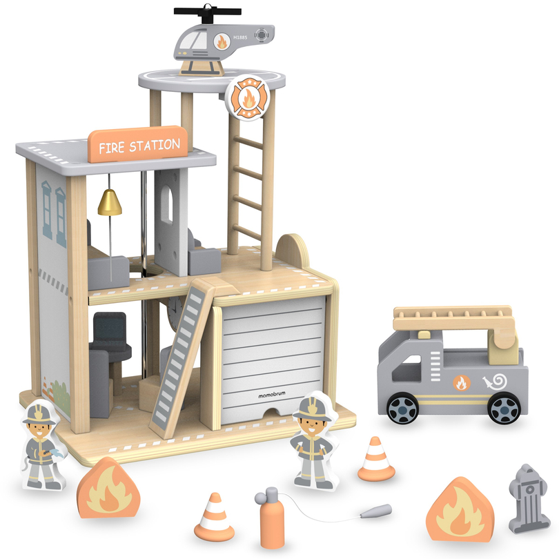 Fából készült tűzoltóállomás tartozékokkal, tűzoltóság