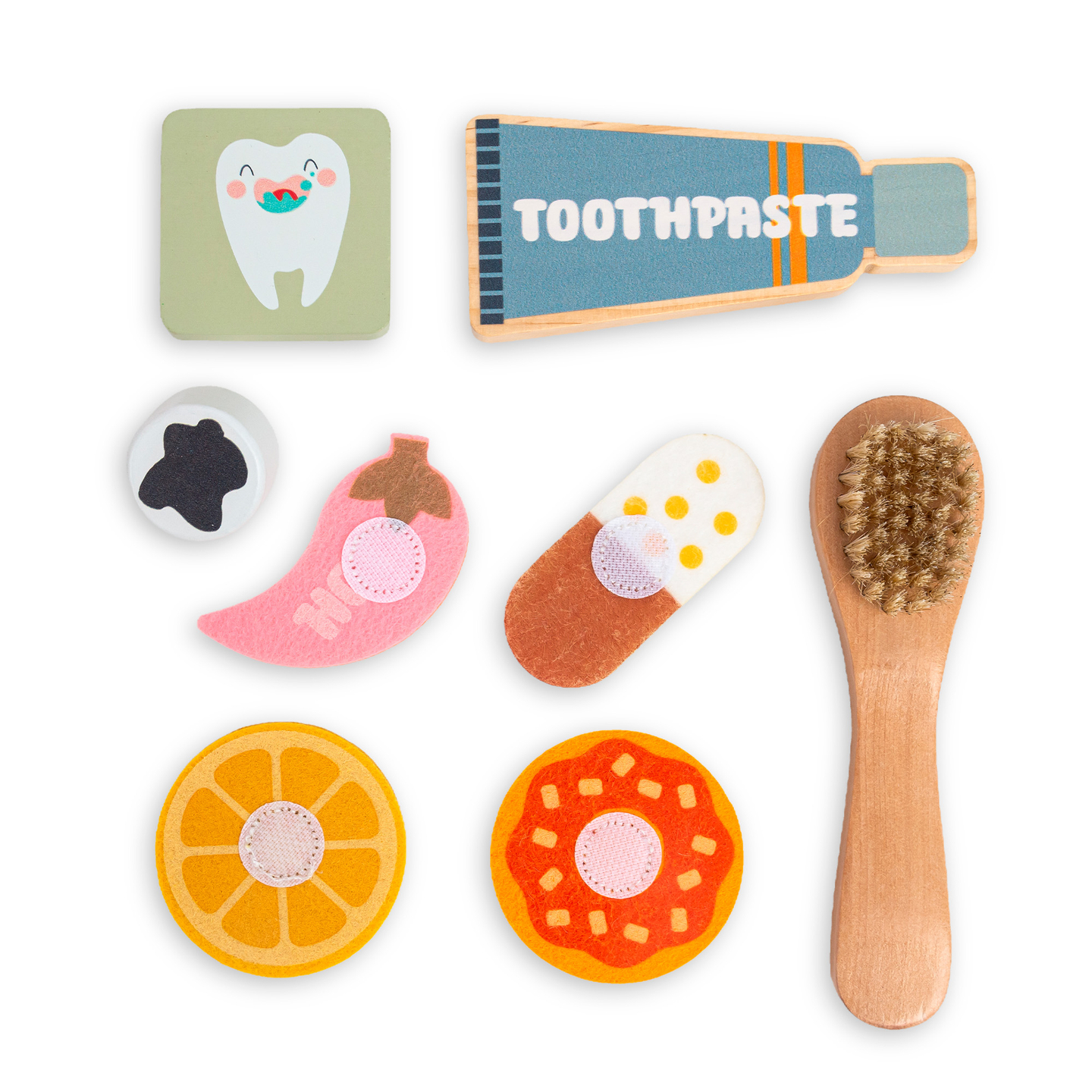Montessori fa oktatótábla kis fogorvosnak - fogkefe, fogkrém, kivehető fogak, tükör, étel, ízek tanulása