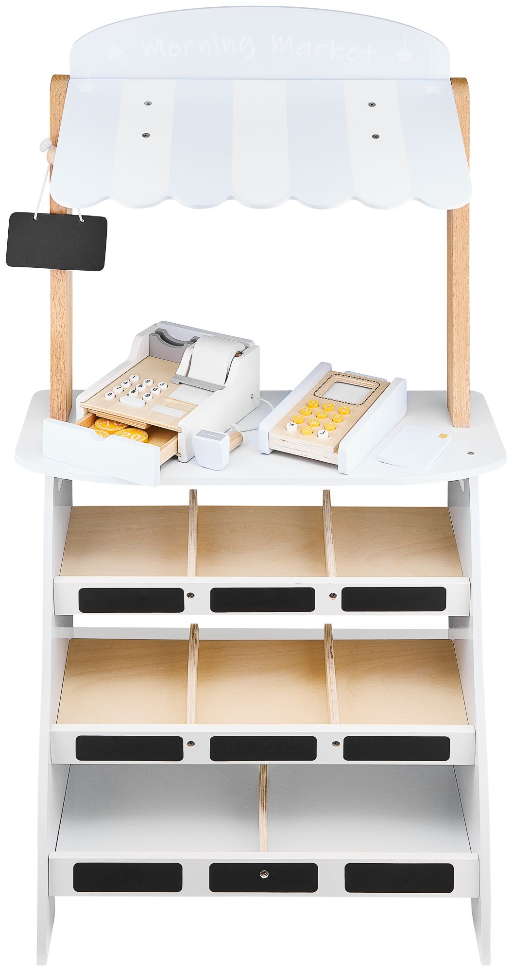 Zöldségbolt - fából készült bódé ládákkal, pénztárgéppel és terminállal