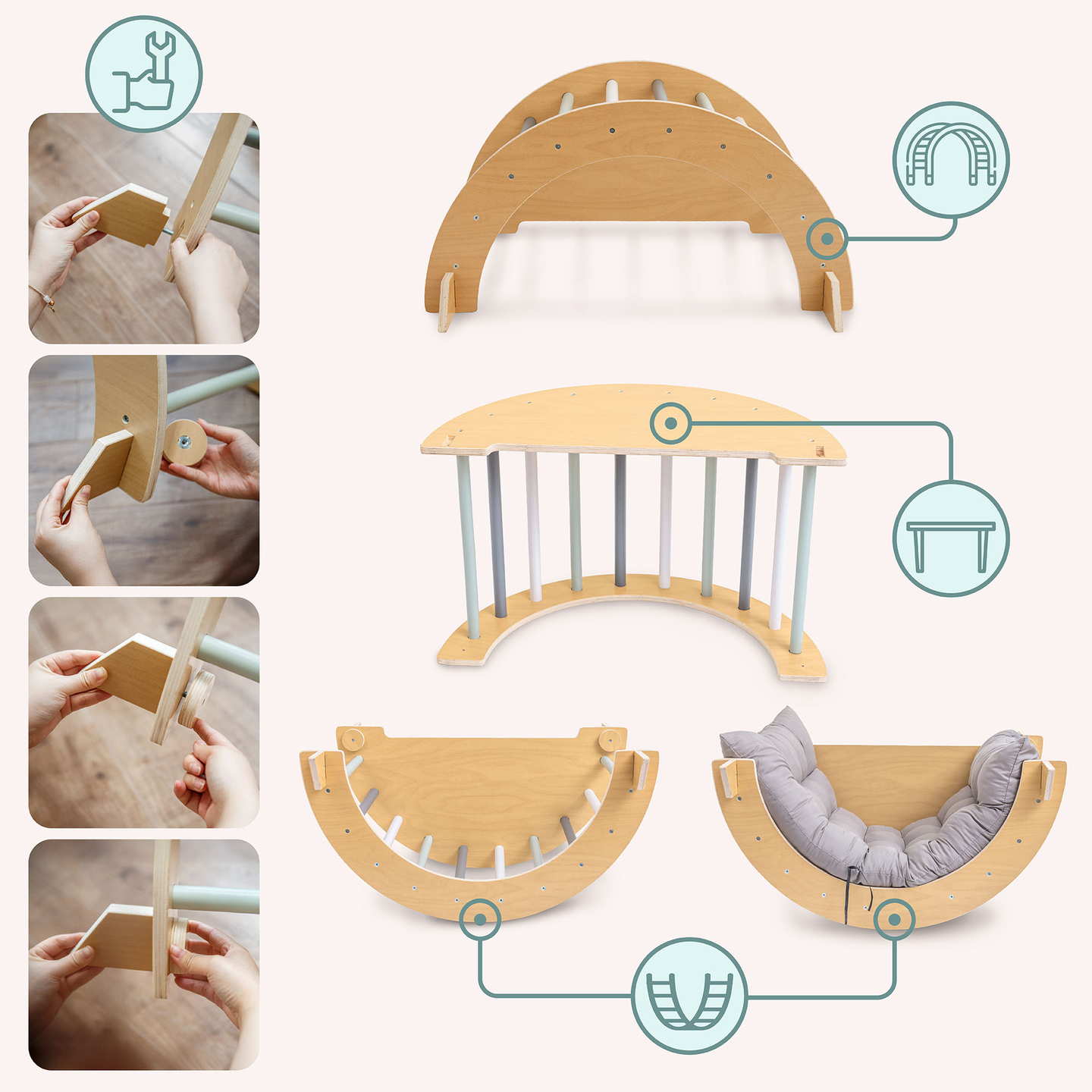 Fedett, fából készült játszótér gyerekeknek - mászófal, csúszda, mászóka/hinta és Pikler-háromszög