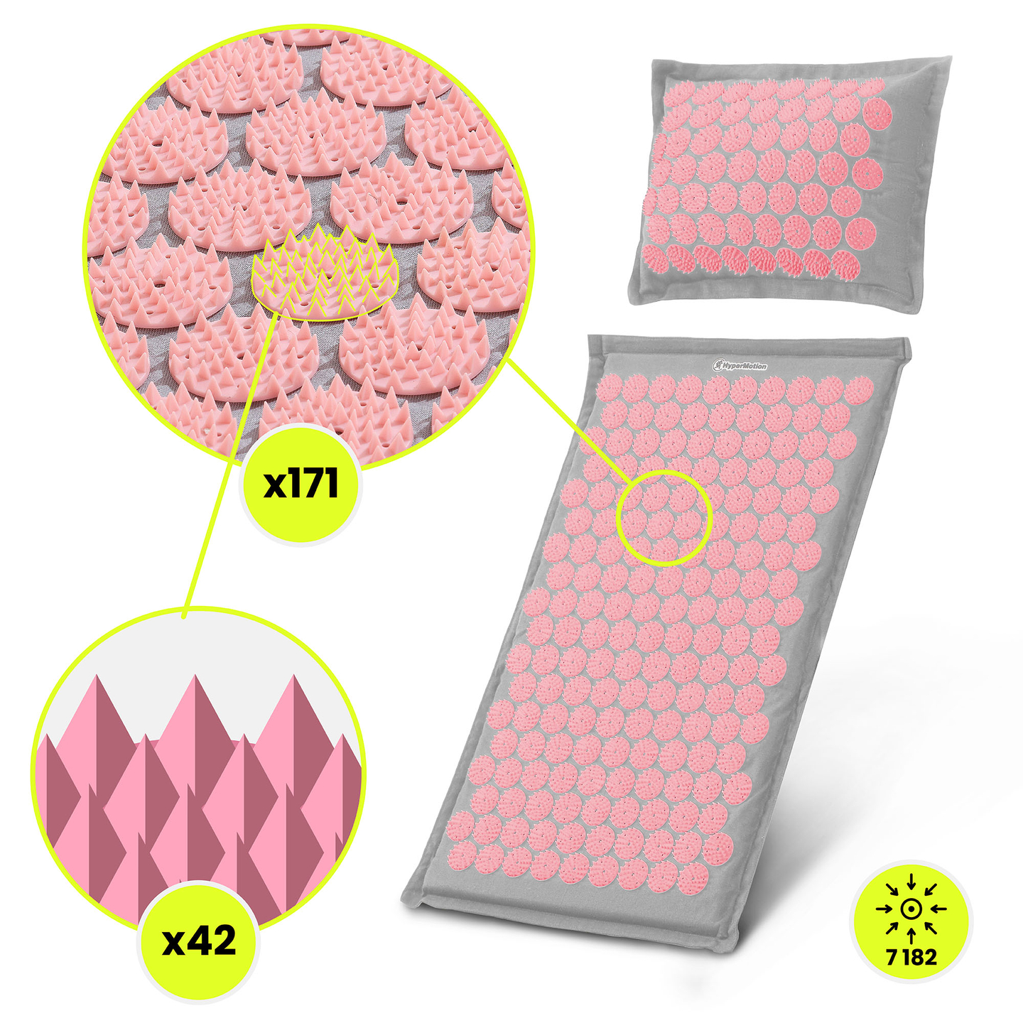 Öko vászon akupresszúrás szőnyeg kókuszrosttal és hajdinapárnával – 68 cm HyperMotion szürke és rózsaszín