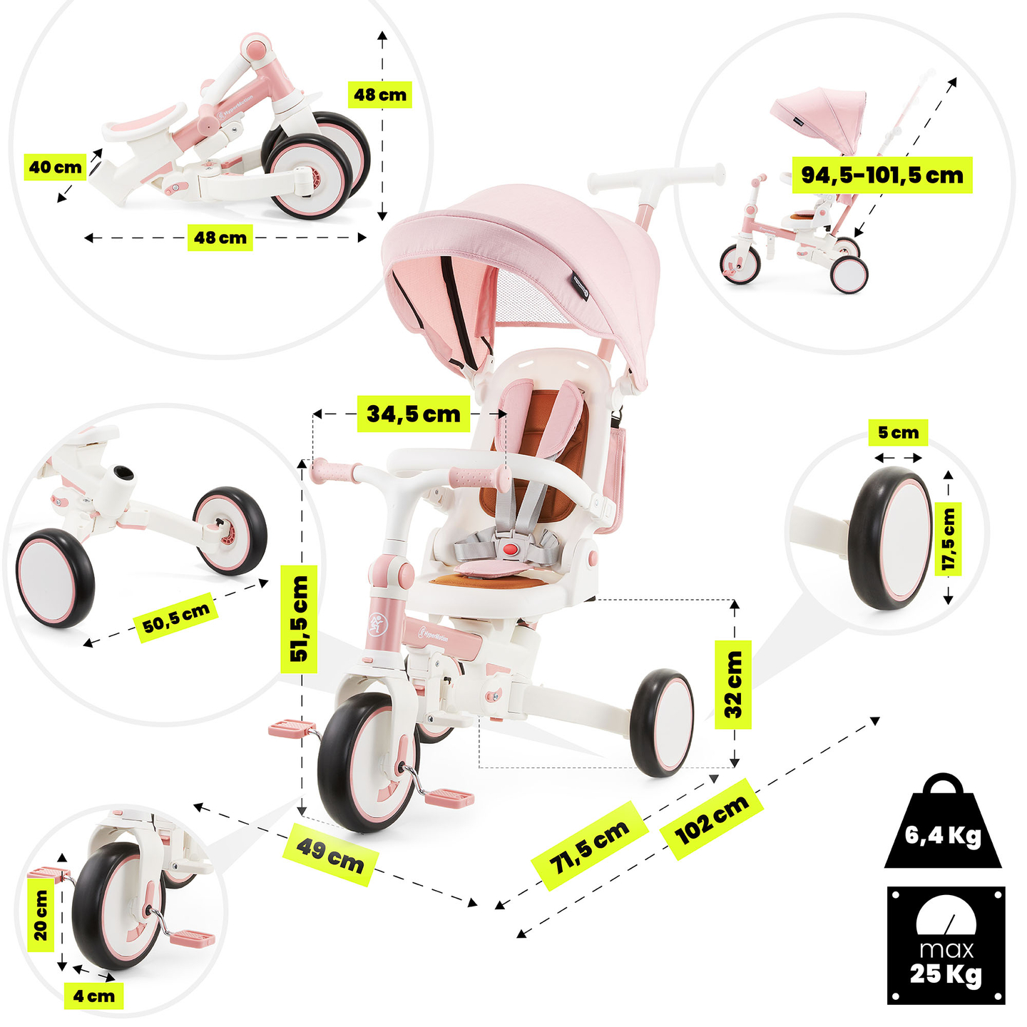 8in1 multifunkciós tricikli TOBI FOREST - rózsaszín