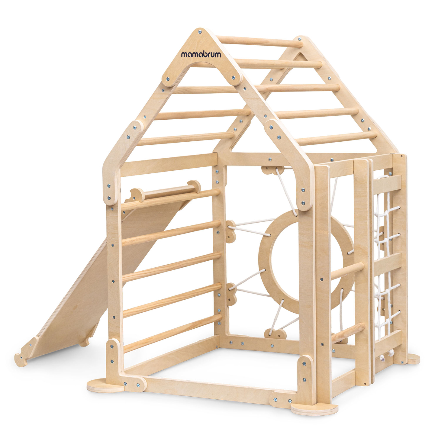 Fedett játszótér gyerekeknek - egy ház létrákkal és csúszdával