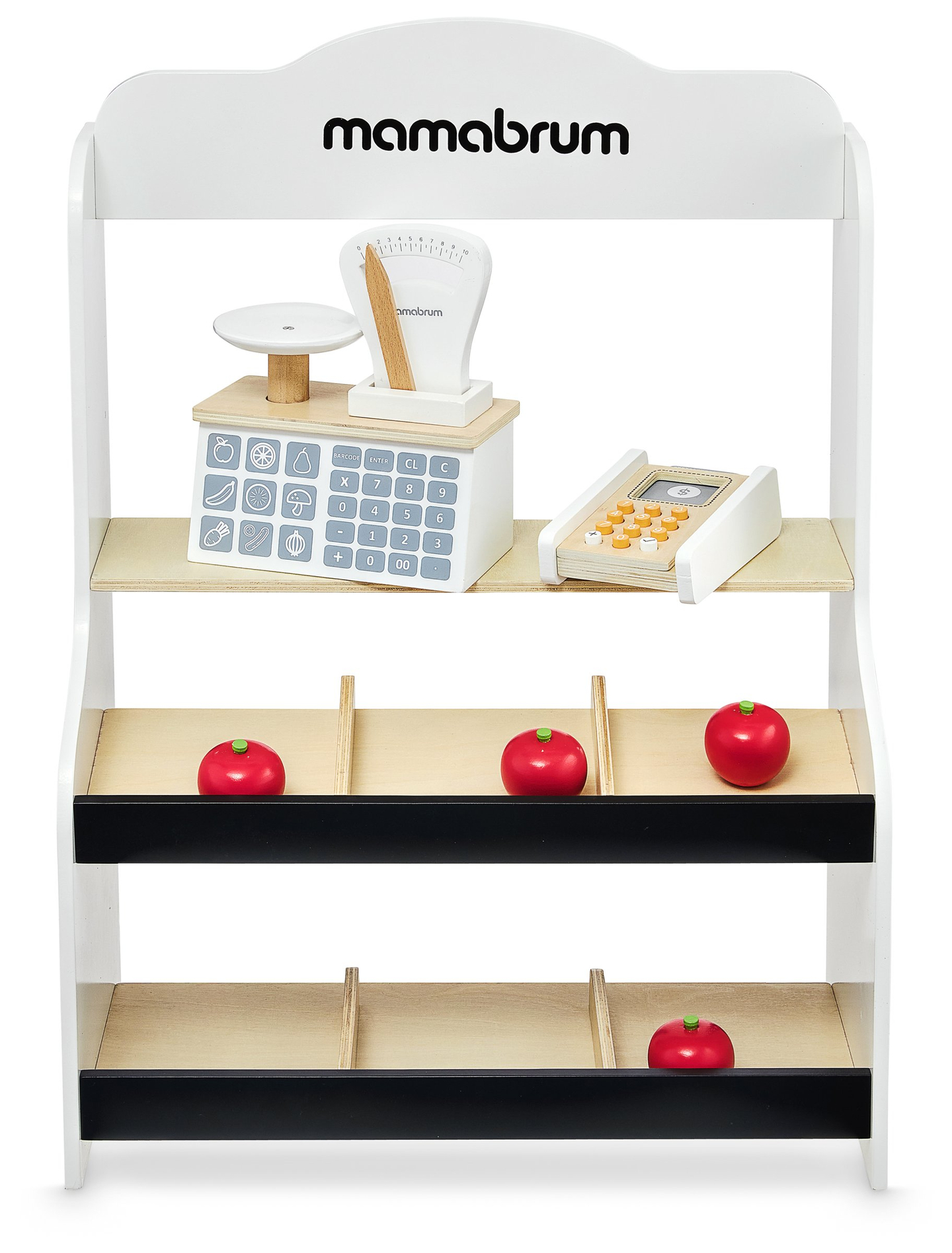 Mini market - bolt mérleggel, terminállal, fizetési kártyával és gyümölcsökkel