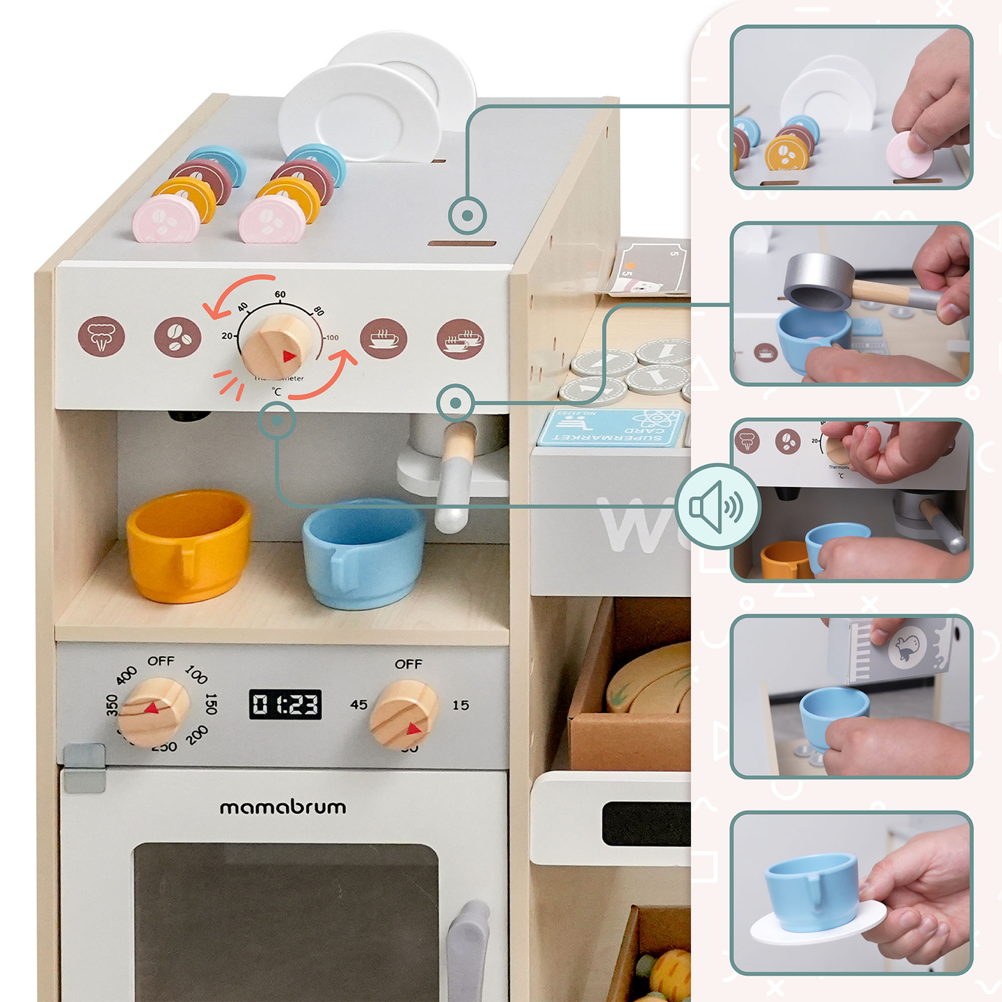 Nagy, fából készült XXXL gyermekbolt gyorsétteremmel - Sarki bolt + kávéfőző + sütő + hűtőszekrény - 106 ac.