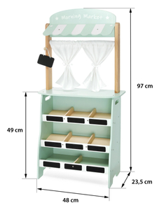Nagy fa üzlet - bódé és színház 2 az 1-ben, mérleggel, fizetési terminállal, gyümölcsökkel és zöldségekkel