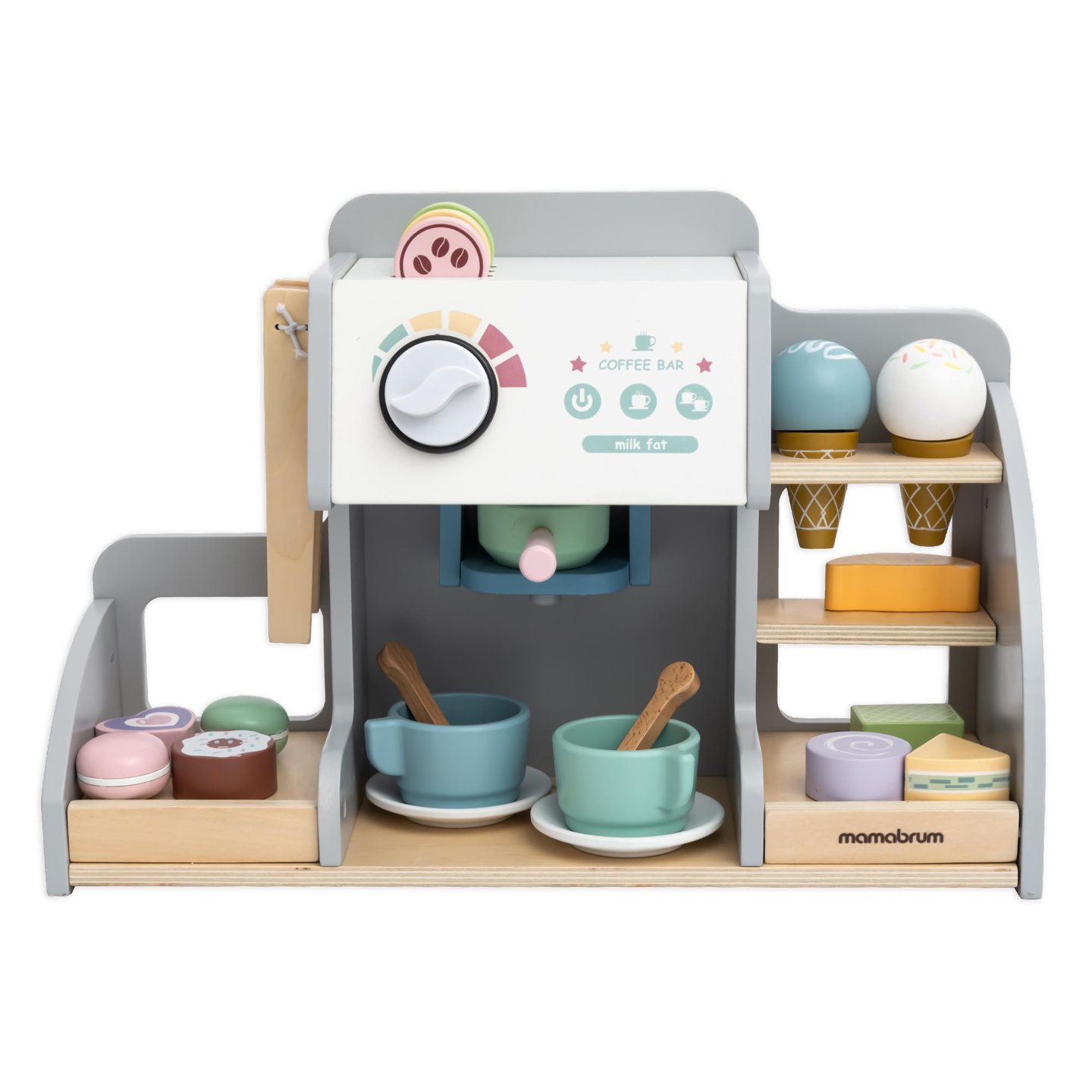 Nagyméretű, fából készült fagylaltozó mágneses táblával, kávéfőzővel, fagylalt- és desszertkészlettel - több mint 70 darab!