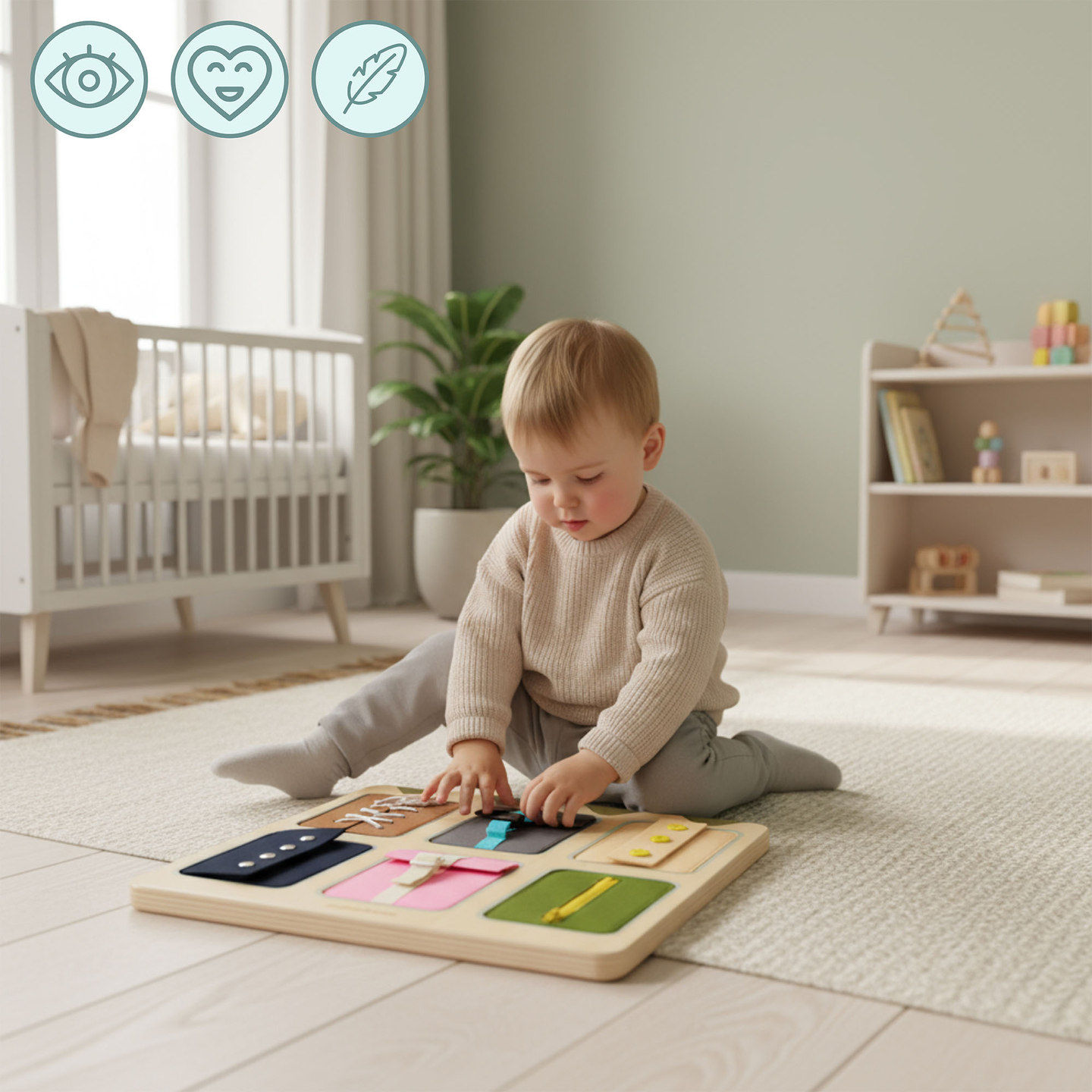 Montessori fa manipulatív tábla – Szenzoros önállóság tanulás - fűzők, csatok, gombok, patentkapcsok, cipzár