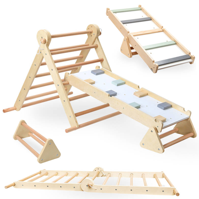 Fából készült, házi készítésű játszótér - létra + mászófal + egyensúlyozó gerenda - Pikler-háromszög
