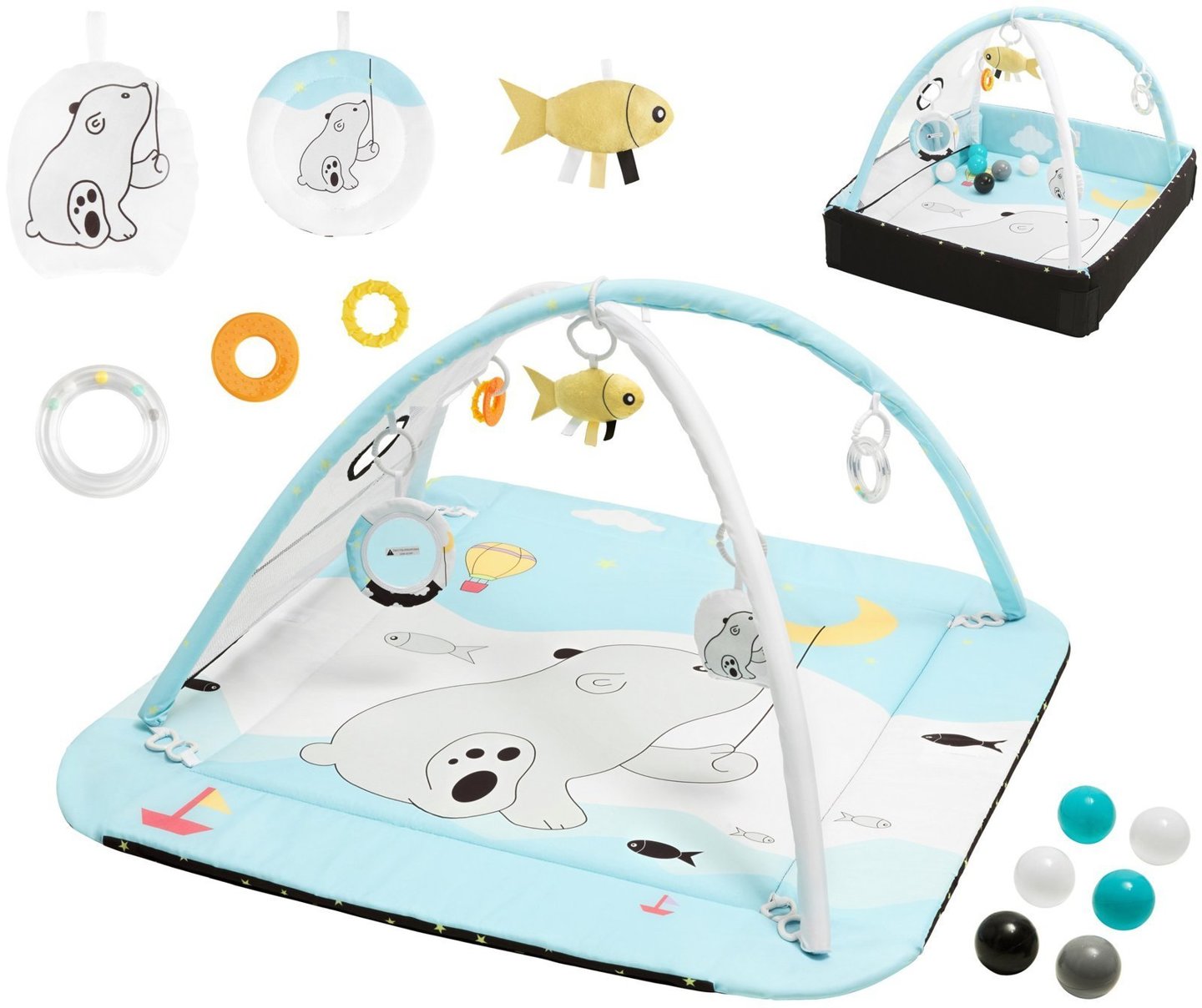 Játszószőnyeg + interaktív játszószőnyeg 5in1 labdákkal - Moby-System BABY MAT ACTIVE GYM 0+